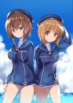  2girls bangs bare_legs brown_eyes brown_hair clouds cosplay cowboy_shot dress expressionless girls_und_panzer hair_between_eyes hat kantai_collection long_sleeves looking_at_viewer multiple_girls neckerchief nishizumi_maho nishizumi_miho outdoors rei_(rei&#039;s_room) sailor_dress sailor_hat short_hair siblings sisters sky smile standing tareme tsurime water z1_leberecht_maass_(kantai_collection) z1_leberecht_maass_(kantai_collection)_(cosplay) z3_max_schultz_(kantai_collection) z3_max_schultz_(kantai_collection)_(cosplay) 