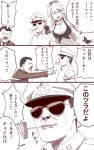  1girl 2boys :d adolf_hitler anger_vein breasts cleavage comic commentary_request detached_sleeves douglas_macarthur facial_hair fingerless_gloves gloves hat headgear iowa_(kantai_collection) ishii_hisao kantai_collection long_hair looking_at_viewer military military_uniform monochrome multiple_boys mustache naval_uniform open_mouth peaked_cap pointing real_life smile smoking_pipe sunglasses translation_request uniform 