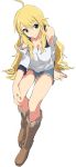  1girl ahoge blonde_hair boots from_above green_eyes hibiglasses hoshii_miki idolmaster long_hair shorts simple_background sitting smile solo white_background 