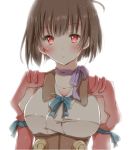  1girl backlighting breasts choker hiro_(hirohiro31) juliet_sleeves koutetsujou_no_kabaneri large_breasts long_sleeves looking_at_viewer mumei_(kabaneri) puffy_sleeves red_eyes ribbon_choker short_hair solo upper_body 