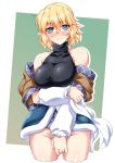  1girl arm_warmers bare_shoulders blonde_hair blush bottomless breasts covering covering_crotch embarrassed green_eyes highres large_breasts mizuhashi_parsee no_panties ootsuki_wataru pointy_ears scarf scarf_removed short_hair solo touhou 