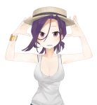  1girl alternate_hairstyle bangle bracelet breasts casual cleavage collarbone hat highres jewelry kantai_collection open_mouth purple_hair simple_background solo sweat tank_top tatsuta_(kantai_collection) tied_hair upper_body violet_eyes white_background 