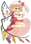  1girl blonde_hair blurry crystal flandre_scarlet from_behind full_body hat hat_ribbon looking_at_viewer looking_back mary_janes mob_cap open_mouth puffy_sleeves red_eyes ribbon shirt shoes short_hair short_sleeves side_ponytail simple_background skirt skirt_set socks solo touhou ume_ren vest white_background white_legwear wings 