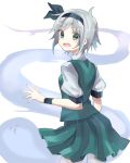  1girl ^p^ cowboy_shot eyebrows eyebrows_visible_through_hair green_eyes hair_ribbon hairband hitodama konpaku_youmu konpaku_youmu_(ghost) looking_at_viewer looking_back open_mouth puffy_short_sleeves puffy_sleeves ribbon short_hair short_sleeves silver_hair skirt skirt_set solo surprised taiki_(ozone) touhou vest wristband 