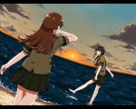  2girls any_(lucky_denver_mint) bangs bare_legs barefoot beach black_hair blouse braid brown_hair clouds cloudy_sky dutch_angle from_behind hand_in_hair highres kantai_collection kitakami_(kantai_collection) letterboxed long_hair multiple_girls neckerchief ocean ooi_(kantai_collection) open_mouth outdoors pleated_skirt pouch school_uniform serafuku shiny shiny_hair short_sleeves single_braid skirt sky smile sun wading water 