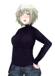  1girl alternate_hairstyle artist_request blonde_hair blush denim fang fate/grand_order fate_(series) halterneck hand_on_hip highres jeanne_alter jeans pants ruler_(fate/apocrypha) ruler_(fate/grand_order) short_hair solo sweater turtleneck white_background yellow_eyes 