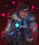  1girl aiming_at_viewer brown_hair coat fur_coat fur_trim glasses gloves glowing glowing_eyes gun hair_bun hair_ornament hand_on_own_face head_tilt heart holding holding_weapon looking_at_viewer mei_(overwatch) open_mouth overwatch pink_eyes smile solo weapon winter_clothes winter_coat yandere yy6242 