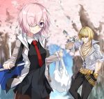  1boy 1girl asahi_(beer) blonde_hair breasts fate/grand_order fate_(series) glasses hair_over_one_eye hand_in_pocket looking_at_viewer necktie open_mouth purple_hair sakata_kintoki_(fate/grand_order) school_uniform shielder_(fate/grand_order) short_hair smile sunglasses tsuedzu violet_eyes 