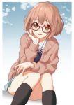  1girl brown_eyes cancell cardigan glasses kuriyama_mirai kyoukai_no_kanata pink_hair red-framed_glasses school_uniform serafuku short_hair sitting 