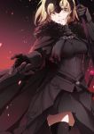  1girl armor armored_dress artist_request black_legwear blonde_hair breasts cape embers fate/apocrypha fate/grand_order fate_(series) fur_trim gauntlets grin headpiece jeanne_alter outstretched_hand ruler_(fate/apocrypha) ruler_(fate/grand_order) skindentation smile solo staff sword thigh-highs weapon yellow_eyes 