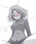  1girl arm_support azumi_(girls_und_panzer) blush breasts girls_und_panzer greyscale hair_intakes ikune_juugo monochrome short_hair smile solo spot_color thighs uniform 