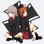  2girls black_eyes black_shirt brown_eyes brown_hair girls_und_panzer grey_background grey_hair hat itsumi_erika kneeling kueru_(qwelone) long_hair multiple_girls nishizumi_miho open_mouth pleated_skirt red_skirt shirt skirt 