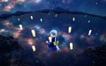  1girl agent_no.9 blue_hair constellation galaxy hatsune_miku highres japanese_clothes kimono lake lampion long_hair long_sleeves looking_at_viewer mountain night night_sky obi partially_submerged reflection sash sky solo star_(sky) starry_sky tree_shade twintails vocaloid wide_sleeves 