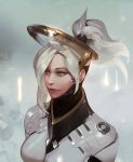  1girl artist_request blonde_hair high_ponytail mechanical_halo mercy_(overwatch) overwatch platinum_blonde realistic short_hair upper_body 