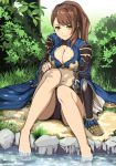  1girl armor bangs barefoot beatrix_(granblue_fantasy) belt black_panties breasts brown_hair cleavage closed_mouth gauntlets granblue_fantasy grass green_eyes hair_ornament large_breasts long_hair long_sleeves looking_at_viewer navel on_ground outdoors panties plant ponytail rock shade single_gauntlet soaking_feet solo stomach terry_(pixiv3274443) underwear water 