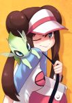  1girl alphy animal animal_on_shoulder antennae bag blue_eyes blush celebi double_bun eyelashes from_side handbag lips looking_at_viewer mei_(pokemon) one_eye_closed orange_background pokemon pokemon_(creature) pokemon_(game) pokemon_bw2 raglan_sleeves solo twintails visor_cap wings 