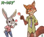    1boy 1girl animal_ears arm_behind_back brown_fur brown_pants buck_teeth bunny_tail chamaji collared_shirt commentary_request denim fang fox fox_ears fox_tail green_eyes green_shirt grey_fur hand_on_hip jeans judy_hopps necktie nick_wilde pants popsicle rabbit rabbit_ears shirt simple_background slacks sleeves_rolled_up smile tail translation_request violet_eyes zootopia 