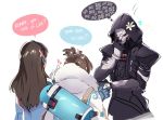  1boy 1girl 2girls black_jacket blue_gloves blush bodysuit brown_hair canister coat covering_face d.va_(overwatch) embarrassed facepalm flower from_behind fur fur_collar fur_trim gloves hair_bun hair_flower hair_ornament hairpin hand_on_own_face hand_to_head hand_up headphones hood hooded_jacket jacket long_hair long_sleeves looking_at_another mask mei_(overwatch) multiple_girls overwatch pilot_suit reaper_(overwatch) short_hair simple_background sparkle trench_coat upper_body white_background 