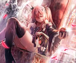  1girl amamitsu_kousuke apple bare_shoulders black_dress black_legwear boots chair detached_sleeves dress food fruit high_heel_boots high_heels krul_tepes long_hair long_sleeves owari_no_seraph pink_hair pointy_ears red_eyes sitting solo stained_glass thigh-highs thigh_boots thighs two_side_up very_long_hair wide_sleeves 