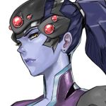  1girl bodysuit highres imdsound long_hair looking_at_viewer overwatch ponytail purple_hair purple_skin solo widowmaker_(overwatch) yellow_eyes 