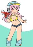  1girl :d baseball_cap bikini_top blush blush_stickers breasts cleavage denim denim_shorts hat headphones highres hinoharaf large_breasts long_hair looking_at_viewer megaphone midriff navel nitroplus open_fly open_mouth pink_eyes pink_hair short_shorts shorts smile solo super_sonico swimsuit 