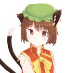  1girl animal_ears blush brown_eyes brown_hair cat_ears cat_tail chen face hat jewelry long_sleeves mob_cap multiple_tails portrait sebastian_(artist) shirt simple_background single_earring smile tail touhou turtleneck vest white_background 