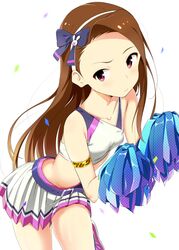  1girl brown_hair cheerleader confetti hair_ribbon hairband idolmaster long_hair midriff minase_iori nazononiku pleated_skirt pom_poms rabbit red_eyes ribbon skirt solo 