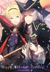  ! 2boys alternate_costume balloon blonde_hair capelet copyright_name fire_emblem fire_emblem_if grey_hair highres leon_(fire_emblem_if) multiple_boys nail_polish ponytail red_eyes takumi_(fire_emblem_if) teeth yellow_eyes 