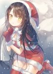  1girl blush boots breasts brown_hair capelet cleavage copyright_request dress fur_trim highres holding io_enishi long_hair looking_at_viewer mittens open_mouth red_legwear sack santa_costume short_dress solo thigh-highs thigh_boots very_long_hair yellow_eyes 