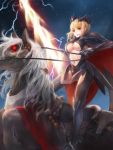 1girl armor artoria_pendragon_alter_(fate/grand_order) blonde_hair boots breasts cape cleavage electricity fantasy fate/grand_order fate_(series) gauntlets highres horns horseback_riding knee_boots large_breasts looking_at_viewer navel pauldrons revealing_clothes rhongomyniad riding saber saber_alter saddle sheepspear short_hair solo under_boob yellow_eyes 