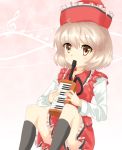  1girl beamed_semiquavers black_legwear brown_eyes gradient gradient_background hat instrument keyboard_(instrument) kneehighs knees_up light_brown_hair long_sleeves looking_at_viewer lyrica_prismriver melodica musical_note pink_background quaver semiquaver short_hair sitting skirt skirt_set solo touhou treble_clef yossy_(yossy1130) 