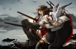  :o bird boots detached_sleeves english frills fuu__taro haruna_(kantai_collection) highres kantai_collection long_hair miniskirt nontraditional_miko parted_lips pleated_skirt seagull sitting skirt thigh-highs thigh_boots turret wide_sleeves wind yellow_eyes 