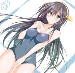 1girl bare_shoulders black_hair blush breasts brown_eyes collarbone covered_navel covering covering_crotch ear hair_between_eyes hair_ornament hairband hairclip haruna_(kantai_collection) headgear highres kantai_collection long_hair one-piece_swimsuit shiryuu solo swimsuit 