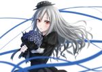  1girl blurry blush bouquet depth_of_field flower gothic_lolita hair_down hat idolmaster idolmaster_cinderella_girls idolmaster_cinderella_girls_starlight_stage kanzaki_ranko lolita_fashion long_hair parted_lips red_eyes ribbon silver_hair solo sugi_214 