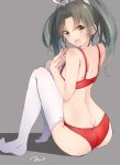  1girl bangs bare_shoulders bra butt_crack eyebrows eyebrows_visible_through_hair from_behind green_eyes green_hair grey_background hair_ribbon highres kantai_collection long_hair looking_at_viewer looking_back panties red_bra red_panties ribbon simple_background sitting solo tearing_up tebi_(tbd11) thigh-highs twintails underwear white_legwear white_ribbon zuikaku_(kantai_collection) 
