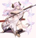  1girl blue_eyes boots braid breasts butterfly butterfly_hair_ornament eko granblue_fantasy hair_ornament hairclip highres horns kneeling large_breasts long_hair looking_at_viewer narumeia_(granblue_fantasy) parted_lips pink_hair pointy_ears simple_background solo sword thighs weapon white_background 