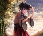  1girl bamboo bamboo_forest black_hair brown_eyes clouds flower forest hair_flower hair_ornament hair_ribbon koutetsujou_no_kabaneri mumei_(kabaneri) nature open_mouth ribbon shirt sishenfan skirt sky smile solo sunset twintails wide_sleeves 