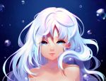  1girl air_bubble artist_name blue_eyes closed_mouth collarbone highres hyanna-natsu long_hair looking_at_viewer original pink_lips portrait silver_hair smile solo topless underwater water wavy_hair 