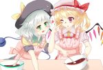  2girls :p apron bowl chocolate chocolate_making chocolate_on_face chocolate_on_fingers countertop flandre_scarlet food food_on_face green_eyes hat hat_ribbon heart highres komeiji_koishi looking_at_another mob_cap multiple_girls one_eye_closed pointy_ears red_eyes ribbon short_hair silver_hair simple_background sleeves_rolled_up spatula stirring third_eye tongue tongue_out touhou white_background wings yossy_(yossy1130) 