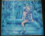  1girl backpack bag blue_eyes blue_hair boots colored_pencil_(medium) dated hair_bobbles hair_ornament hat kawashiro_nitori leg_up looking_at_viewer machinery marker_(medium) mosho pipes puffy_short_sleeves puffy_sleeves rubber_boots shirt short_sleeves signature sitting skirt smile solo touhou traditional_media twintails water wrench 