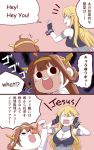  (o)_(o) 2girls :d ahoge black_eyes blonde_hair breasts brown_hair cleavage comic commentary_request cup detached_sleeves double_bun fingerless_gloves gloves hairband holding iowa_(kantai_collection) ishii_hisao kantai_collection kongou_(kantai_collection) long_hair multiple_girls nontraditional_miko open_mouth smile teacup translation_request 
