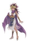  1girl absurdres atem blonde_hair breasts cape center_opening dress earrings full_body genderswap genderswap_(mtf) gold highres jewelry looking_at_viewer maruchi millennium_puzzle multicolored_hair solo spiky_hair violet_eyes white_background white_dress yuu-gi-ou yuu-gi-ou_duel_monsters 