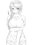  1girl braid breasts dr.p glasses hanekawa_tsubasa long_hair monochrome monogatari_(series) shirt_tug simple_background solo translation_request white_background 