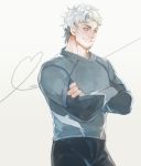  1boy avengers:_age_of_ultron crossed_arms facial_hair grey_hair heart heart_of_string highres kyosuke marvel pietro_maximoff solo stubble sweater white_hair 