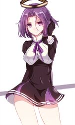  &gt;:) 1girl adjusting_hair aosaki_yukina black_gloves cowboy_shot dress gloves hair_intakes kantai_collection looking_at_viewer mechanical_halo neck_ribbon polearm purple_dress purple_hair purple_ribbon ribbon short_hair smile solo tatsuta_(kantai_collection) violet_eyes weapon white_background 