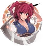  1girl asa_(coco) breasts cleavage eyebrows eyebrows_visible_through_hair hair_bobbles hair_ornament large_breasts onozuka_komachi open_mouth puffy_short_sleeves puffy_sleeves red_eyes redhead scythe short_sleeves simple_background solo touhou twintails upper_body white_background 