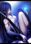  1girl bare_shoulders bird black_hair blue_eyes collarbone covered_nipples highres katana long_hair mashimasaki miniskirt pleated_skirt profile sheath sheathed sitting skirt snow socks strap_slip sword weapon 