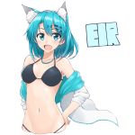 1girl animal_ears aqua_eyes aqua_hair bikini black_bikini blush breasts cleavage collarbone commentary_request hair_ornament hairclip hands_on_hips jacket jewelry looking_at_viewer navel necklace open_clothes open_jacket open_mouth original short_hair shunichi smile solo swimsuit white_background 
