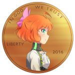  1girl ahoge bow coin freckles green_eyes hair_bow highres iesupa orange_hair penny_polendina profile pun rwby smile solo 