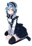  1girl alternate_costume between_legs black_bow black_bowtie black_dress black_legwear black_shoes blue_eyes blue_hair blush bow bowtie braid dress enmaided frilled_dress frilled_sleeves frills full_body hair_between_eyes hair_ornament hairclip hand_between_legs heterochromia horns io_(pso2) loafers long_sleeves looking_at_viewer maid maid_headdress noe_(mabue) phantasy_star phantasy_star_online_2 red_eyes shoes short_hair simple_background single_braid solo thigh-highs white_background zettai_ryouiki 
